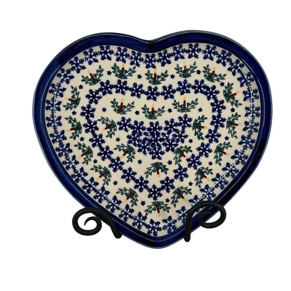 Boleslawiec Polish Pottery Heart Plate‎ Snowflake Holly Candle Hand Made Poland
